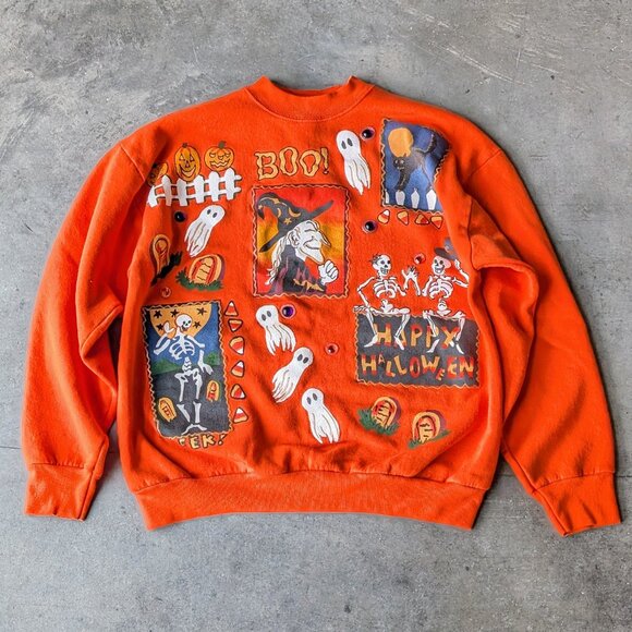 Vintage Sweaters - Vintage India Ink Handpainted Orange Halloween Witch Ghost Skeleton Sweatshirt
